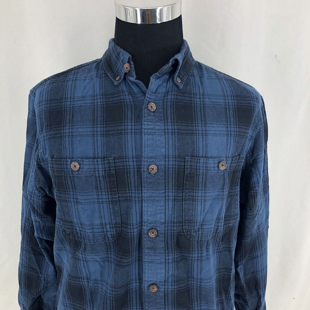 KAVU Flannel Long Sleeve Button Up Blue Black Gray Plaid Shirt Large